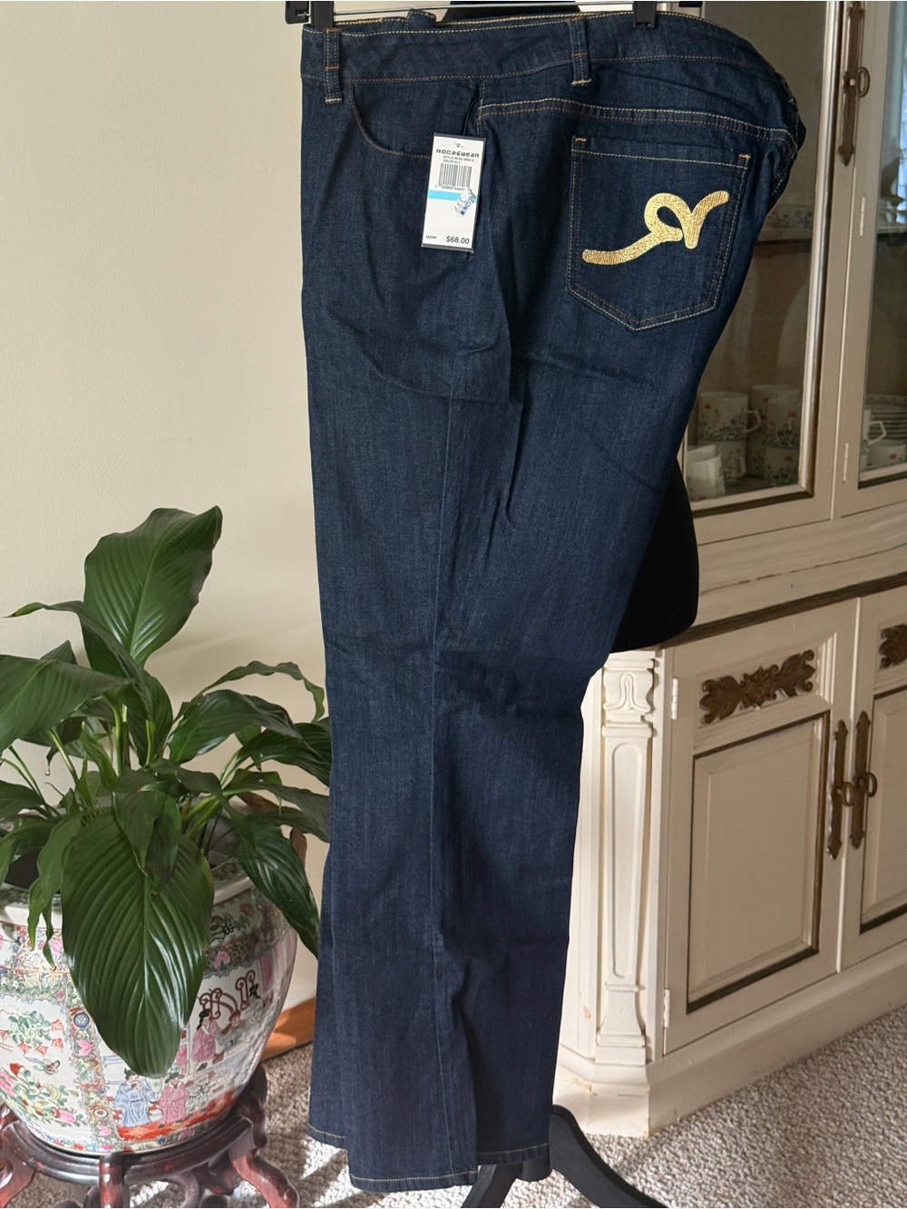 Gold-Embroidered Dark Blue Women’s Jeans